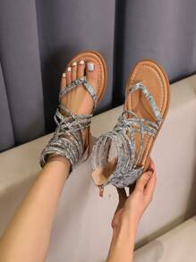 Của phụ nữ Đúng mốt Phong cách mới Phối màu Sự tréo nhau Dây đai Quần lót Thong Bằng phẳng Dép xăng đan - Màu xanh lam - Xem 3