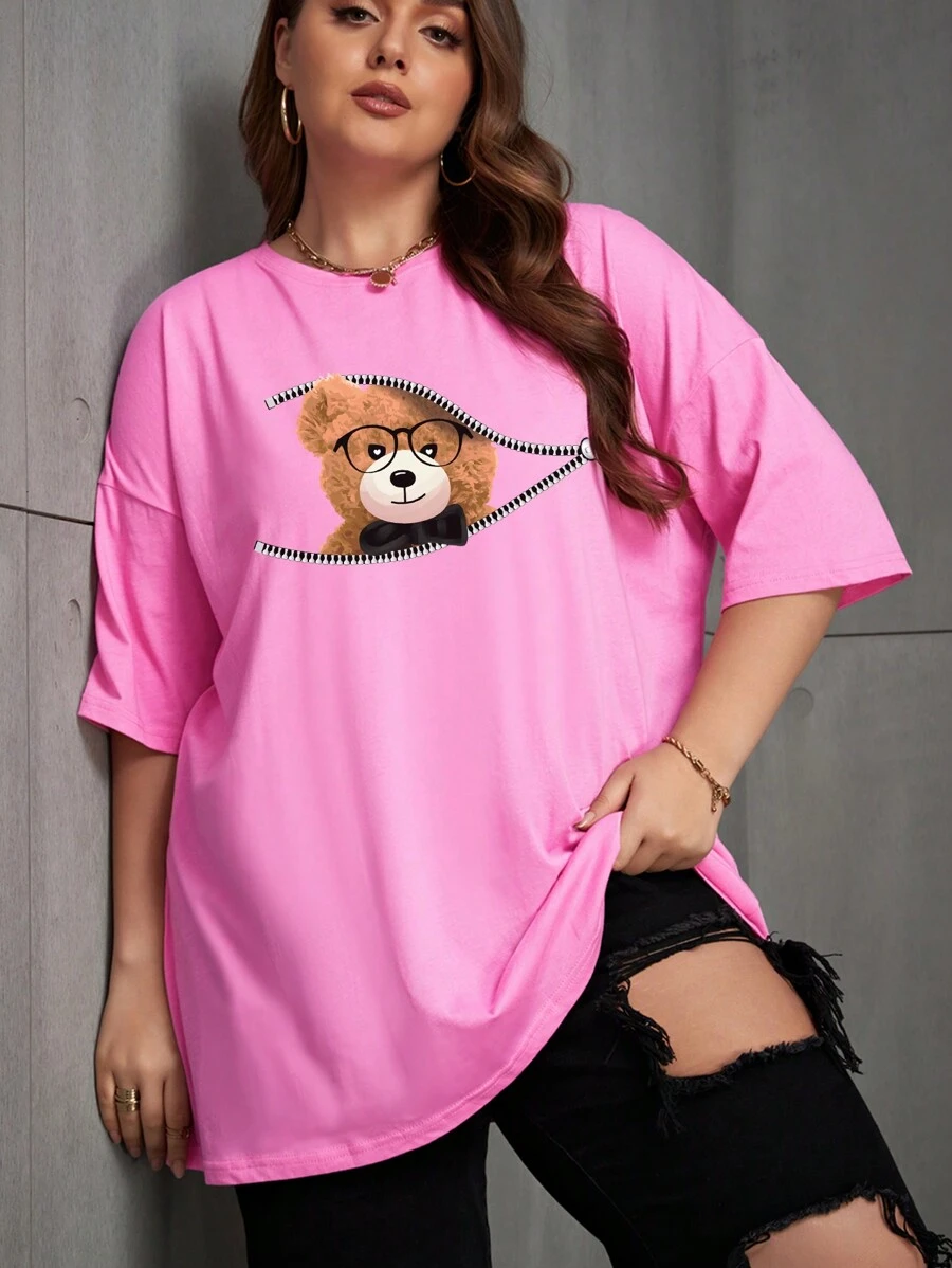 SHEIN EZwear Áo thun tay ngắn in hình gấu cỡ lớn cho nữ - Hồng - Xem 1