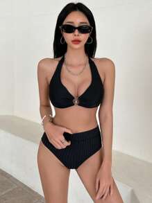 DAZY Của phụ nữ Đúng mốt Đen Khóa vòng Trang trí Áo bơi Áo - màu đen - Xem 2