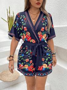 SHEIN Clasi Plus Size Floral Printed V-Neck Casual Jumpsuit - Navy Blue - View 5