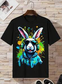 SHEIN Tween Boy Cartoon Rabbit Ink-Splash Print Round Neck Short Sleeve T-Shirt - Black - View 1