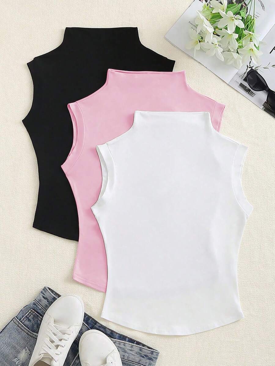 Elamini Solid Color Slim Fit Basic Summer T-Shirt With Stand Collar - Multicolor - View 1