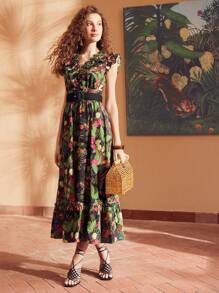 MOTF PREMIUM 熱帶印花v領荷葉邊連衣裙 - 彩色 - 查看 6