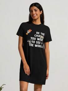SHEIN Earth Day Fanverse Picks Cartoon And Slogan Graphic Tee Dress - Black - View 2