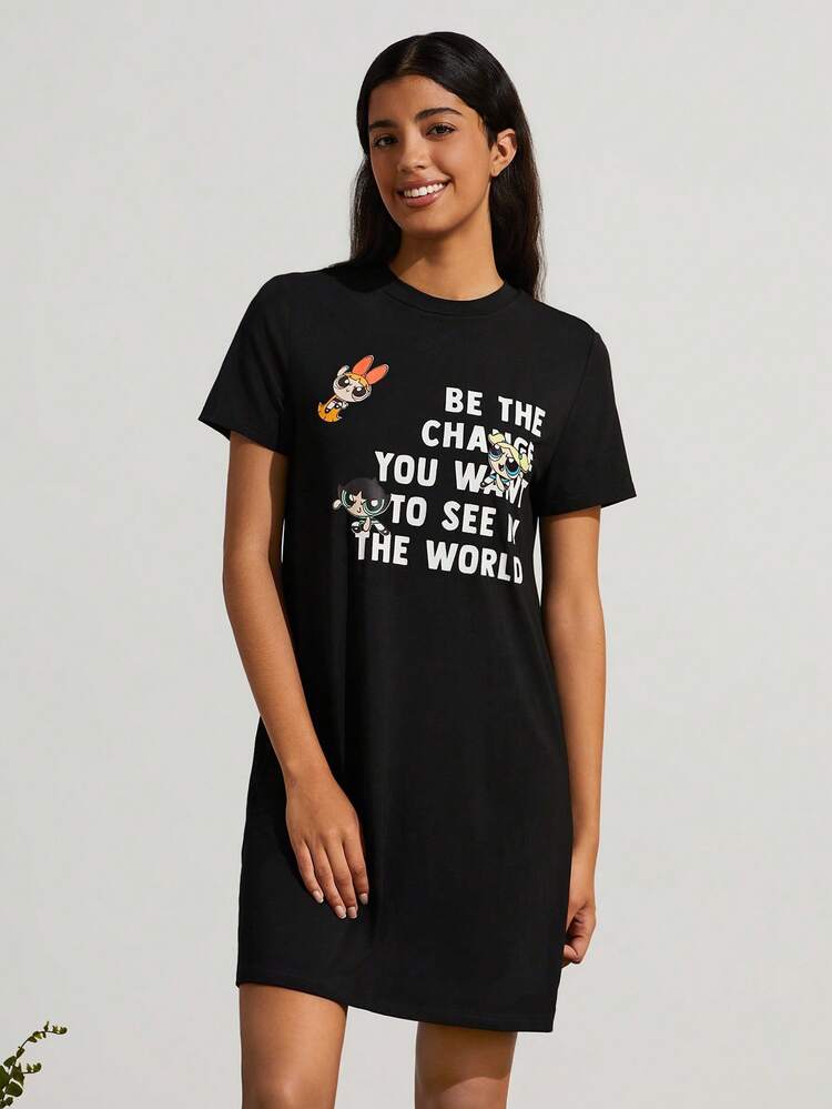 Cartoon And Slogan Graphic Tee Dress