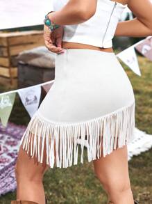 Breezaya Tassel Patchwork Asymmetric Hem Skirt, Suitable For Music Festival