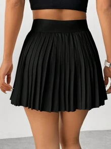 SHEIN Unity Saia Plissada Curta de Cor Sólida para Mulheres - Preto - Visão 2
