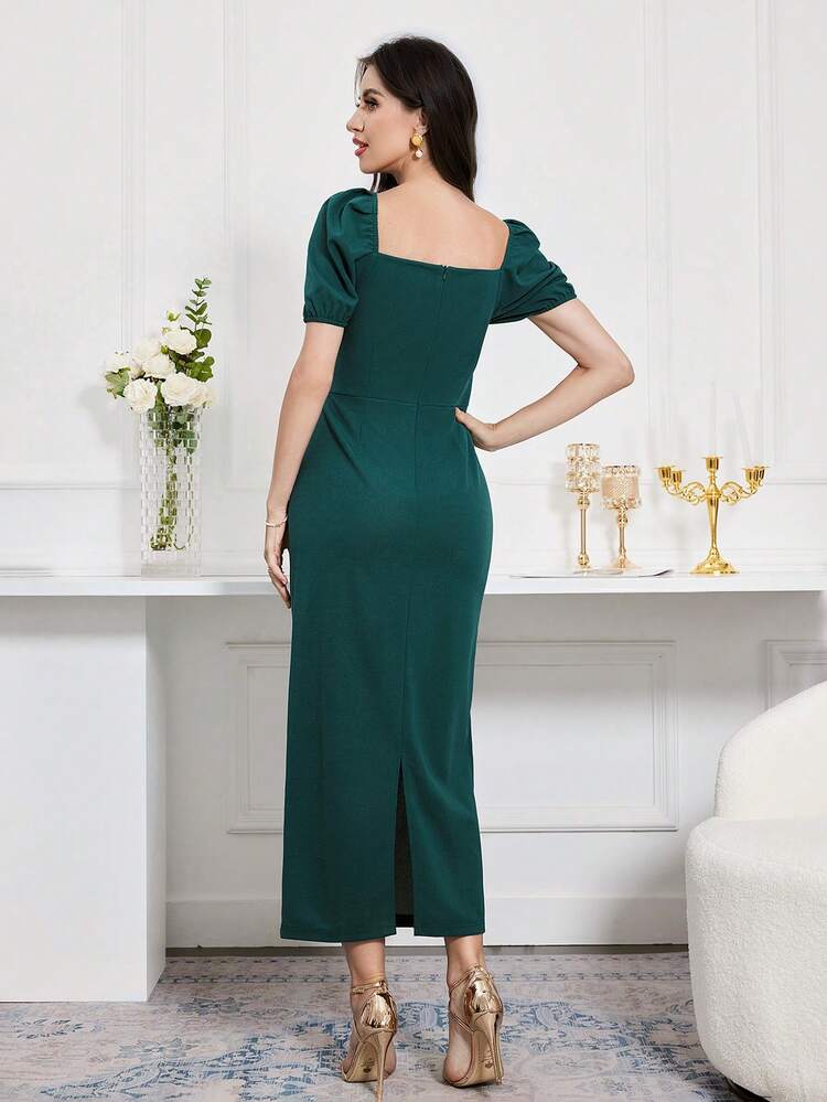 Women' Square Neck Bubble Sleeve 3d Flower Dress