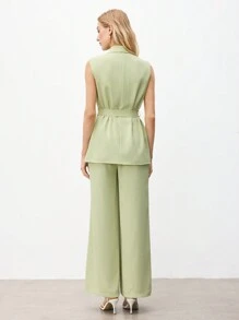 BizChic Conjunto de chaleco y pantalón ancho de mujer de color verde claro sólido con cuello de chal y cinturón, para otoño/invierno - Verde - Ver 2