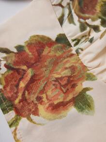 SHEIN Unity Floral Print Frill Trim Decor Band Collar Shirt With Puff Sleeves - Apricot - View 8