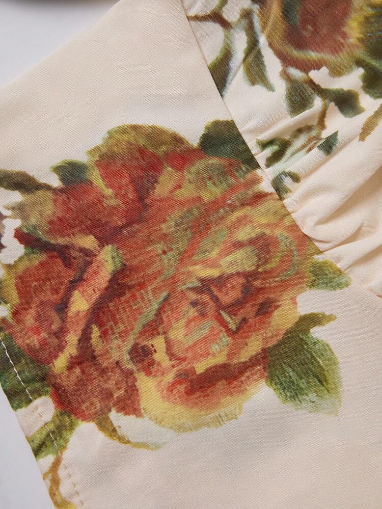 Floral Print Frill Trim Decor Band Collar Shirt With Puff Sleeves