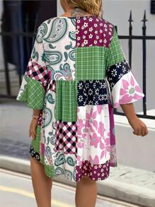 EMERY ROSE 大尺碼拼接花卉印花荷葉邊連衣裙 - 綠色 - 查看 2