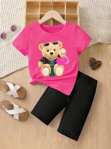 SHEIN 年輕女孩美國熊酷炫時尚街頭y2k粉色t恤和緊身褲套裝 - 黑色 - 查看 1