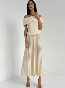 Aloruh 优雅露肩领收腰衬衫和百褶裙 2 件套，适合通勤 - 杏色 - 查看 5