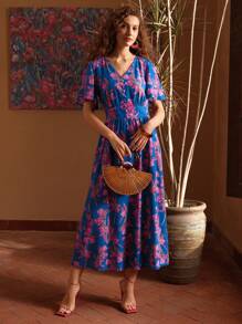 MOTF PREMIUM Vải in hoa Cổ chữ V Tay áo hình bướm Đầm - Nhiều màu - Xem 7