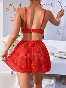 SHEIN 3d Floral Design Sexy Lingerie Set For Women - Red - View 2