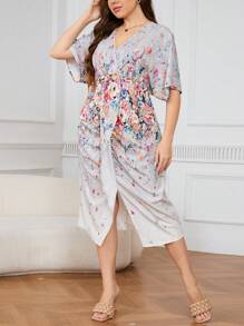SHEIN Clasi 大尺碼花卉印花V領高分裙 - 米色 - 查看 3