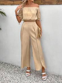 SHEIN LUNE Solid Knit Off Shoulder Top And High Slit Wide Leg Pants Set - Khaki - View 5