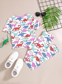 SHEIN Bộ đồ mặc nhà dệt kim tay ngắn cổ tròn in họa tiết khủng long cho bé gái tuổi mới lớn - Màu xanh nhạt - Xem 2