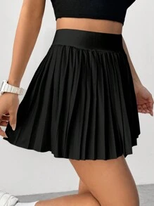 SHEIN Unity Saia Plissada Curta de Cor Sólida para Mulheres - Preto - Visão 4