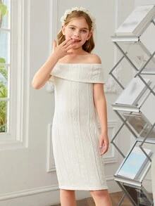 SHEIN Tween Girl Knitted Solid Color Off Shoulder Casual Dress - White - View 6
