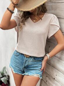 SHEIN Frenchy Cổ chữ V Checkered Tay áo cánh hoa Áo thun Với Trở lại Chi tiết ren - Màu be - Xem 4