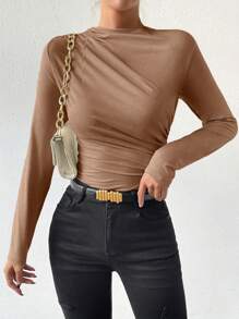 Chiquease Women's Simple Fold Design Long Sleeve Bodysuit Fall Cloth For Women - Brown - View 8