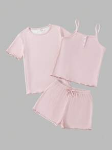 Tween Girls' Spring New Simple Pink Shorts And Round Neck Short-Sleeved Top And Camisole Pajama Set - Pink - View 1