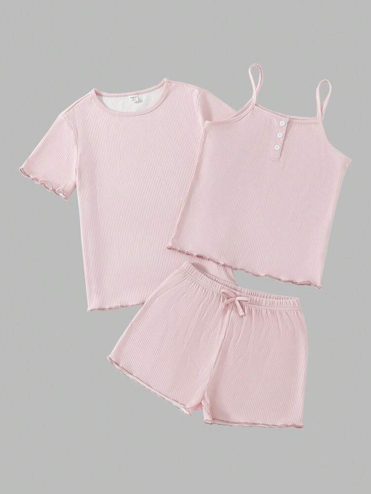 Tween Girls' Spring New Simple Pink Shorts And Round Neck Short-Sleeved Top And Camisole Pajama Set