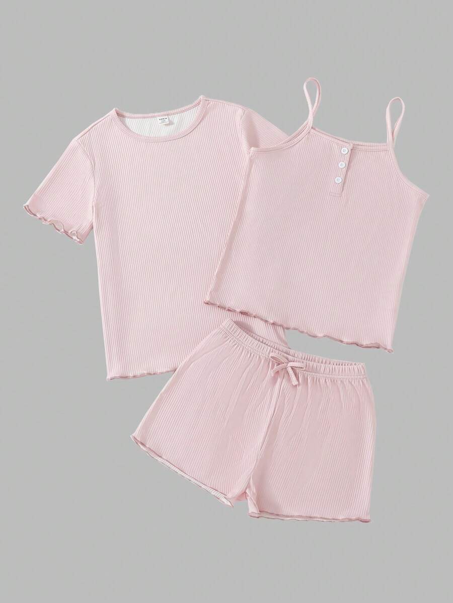 Tween Girls' Spring New Simple Pink Shorts And Round Neck Short-Sleeved Top And Camisole Pajama Set - Pink - View 1