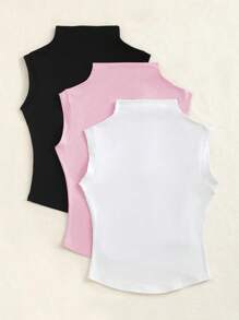 Elamini Solid Color Slim Fit Basic Summer T-Shirt With Stand Collar - Multicolor - View 2