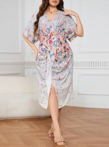 SHEIN Clasi 大尺碼花卉印花V領高分裙 - 米色 - 查看 4