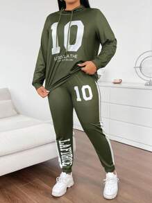 EMERY ROSE Plus Size Sweatshirt And Sweatpants Set With Slogan Print And Drawstring Decoration On The Collar - Green - View 4
