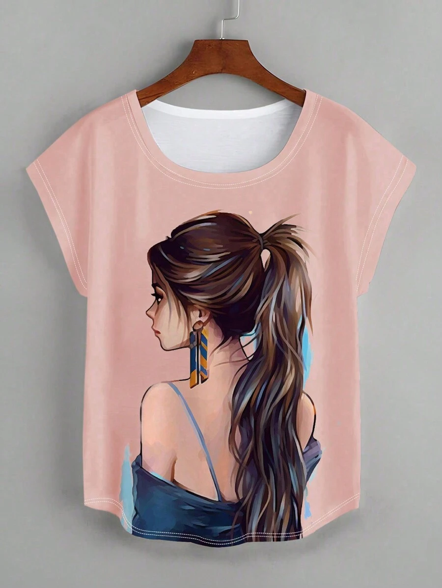 SHEIN LUNE Camiseta De Manga Murciélago Impresa Con Retrato Animado - Rosa - Ver 1