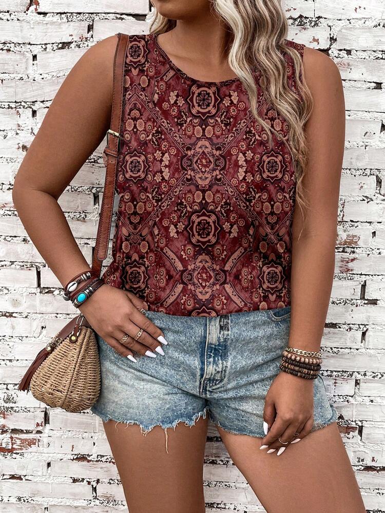 Plus Size Vintage Casual Bohemian Style Allover Print Tank Top, Summer