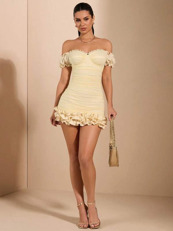 SHEIN BAE Vestido ajustado de unicolor de verano con volantes en el bajo y en los hombros con volantes y decoraciones fruncidas