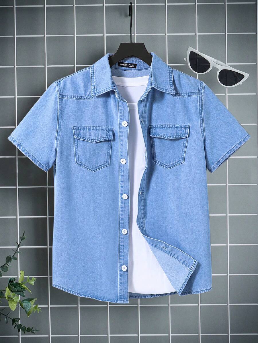 SHEIN Chemise En Jean Bleu Décontractée À Manches Courtes Pour Garçons Adolescents, Pour Les Tenues De Printemps Et D'été - Jean clair - Voir 1