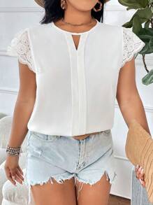 Flirla Plus Size Lace Spliced Hollow Out Casual Shirt - White - View 5