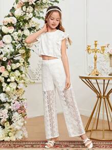 SHEIN 2 Unidades / Conjunto Tween Girls Com Gola Redonda E Manga Curta E Calça