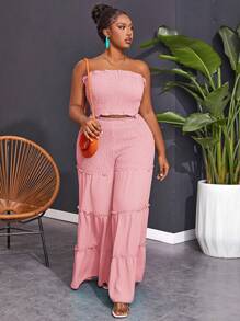 Slaydiva Plus Size Ruffled Strapless Top With Frill Edge Embellishment And Wide Leg Pants - Pink - View 3