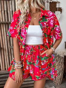SHEIN LUNE Women's Floral Printed Button Front Shirt And Shorts - Red - View 7