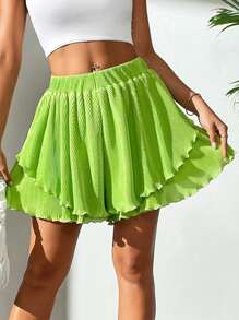 SHEIN Privé Women's Summer A-Line High Waist Pleated Mini Skort With Layered Hem And Wide Legs - Green - View 4