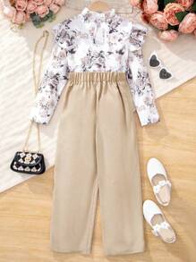 SHEIN Tween Girl Floral Print Ruffle Trim Top & Pants - Khaki - View 2