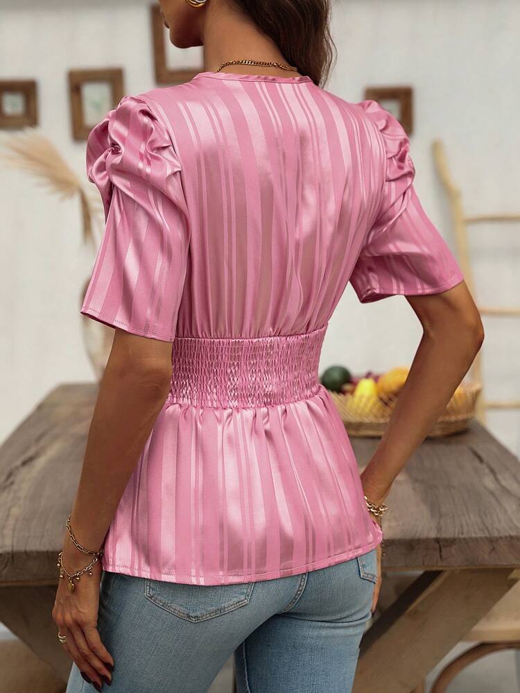 V-Neck Waist-Cinched Blouse With Ruffle Hem Detail