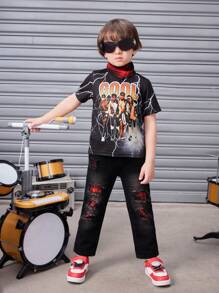 Young Boy Character And Letter Printed T-Shirt And Patchwork Distressed Jeans Set, 2pcs - Black - View 1