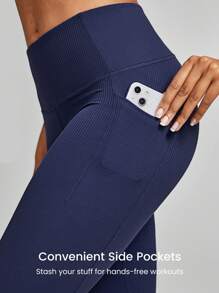 GLOWMODE 21" FeatherFit™-Ribbed Pocket Leggings Light Support Low Impact Yoga Daily - Navy Blue - View 3