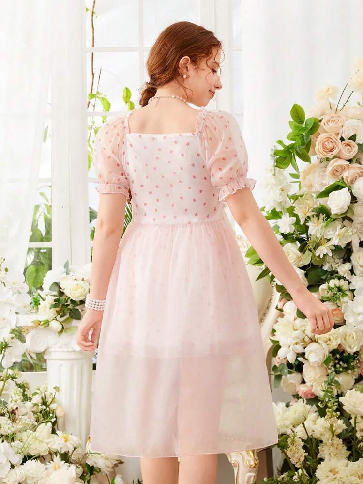 Teen Girl Heart Printed Short Sleeve Crop Top With Frilled Hem And Skirt Set