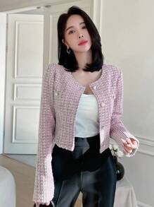 DAZY Plaid Collarless Short Open Front Long Sleeve Jacket,Back To School Clothes - Pink - View 4