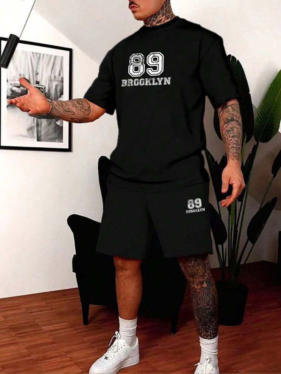 Aesthetic Post 黑色針織男士圓領短袖t恤和短褲套裝,字母印花,休閒風格 - 黑色 - 查看 1