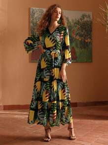 MOTF PREMIUM TROPICAL PRINT BELL SLEEVE TIERED HEM DRESS - Multicolor - View 9